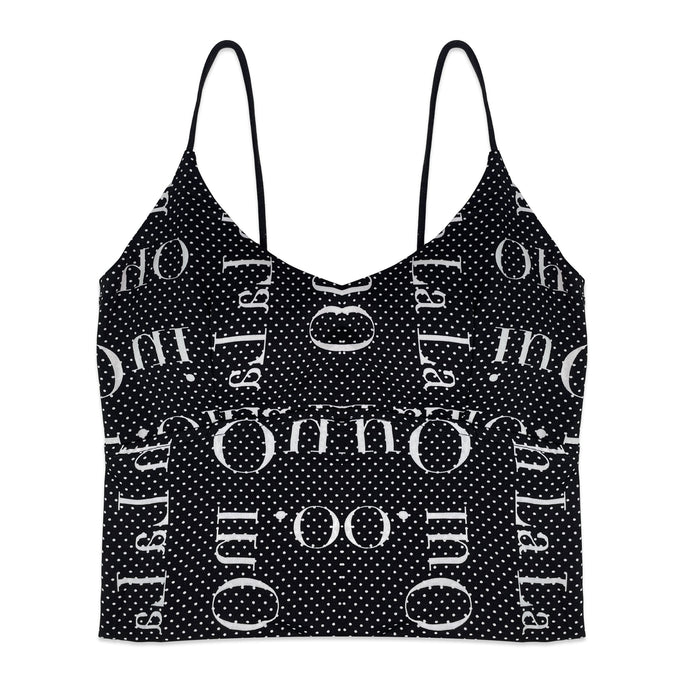Black tank top with white text pattern on a white background