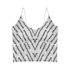 White spaghetti strap top with black text pattern on a white background