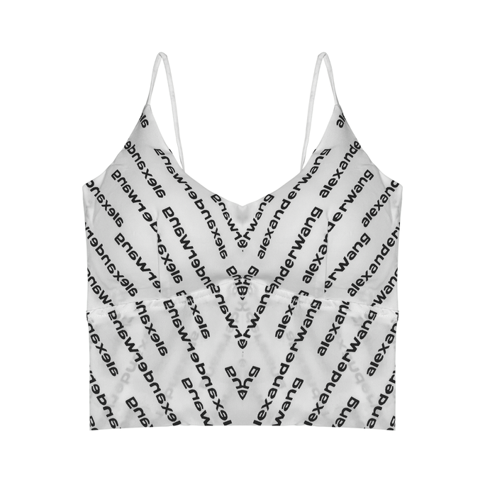 White spaghetti strap top with black text pattern on a white background