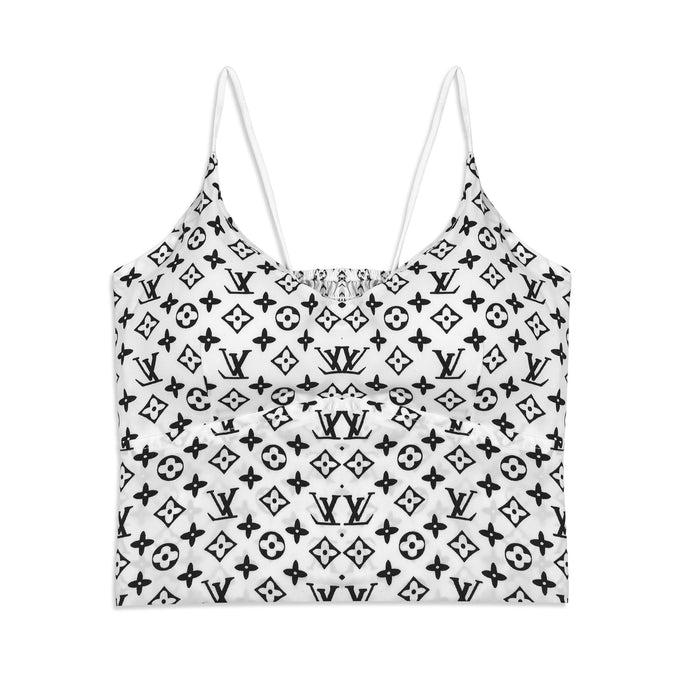 Black and white patterned top on a white background