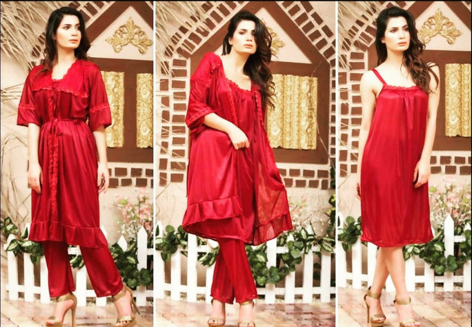 3 Pcs Silk Nighty For Women (Gown , Inner ,Trouser) / Night Suit For Girls