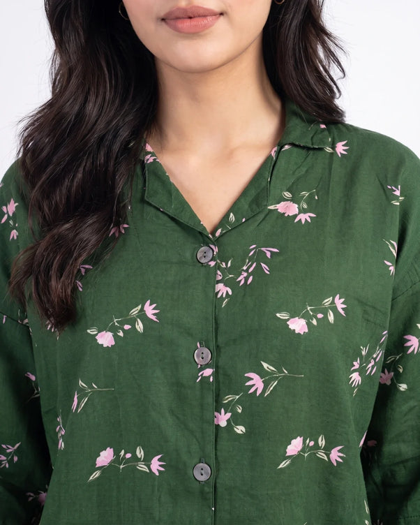Sajiero Linen Oversized PJ Set - Floral Breeze - Green