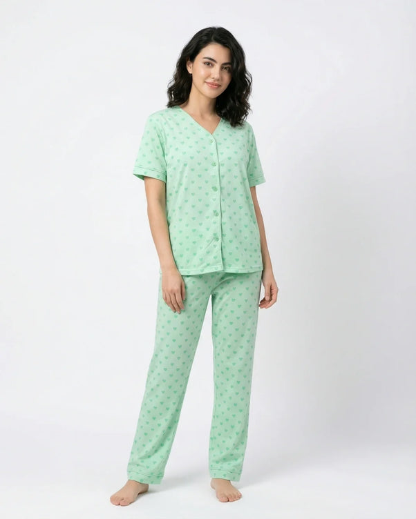 Sajiero Cotton PJ Set - Heart Bliss - Green