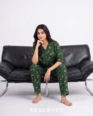 Sajiero Linen Oversized PJ Set - Floral Breeze - Green