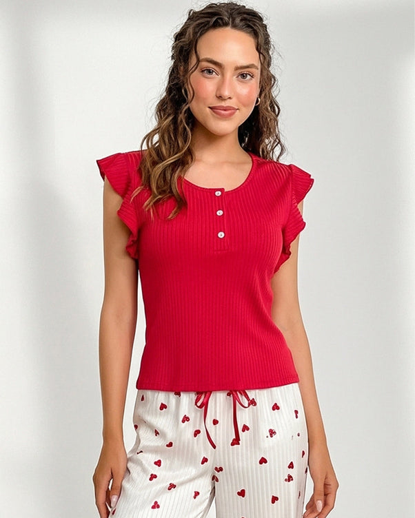 Sajiero Cotton PJ Set - Heart Ease - Red