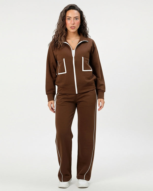 Sajiero Fleece Tracksuit -Comfy Zip - Brown