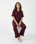 Sajiero Half Sleeves PJ Set - Linen Comfort - Maroon