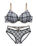 Sajiero Padded Bra Set - Checked Strap - Grey