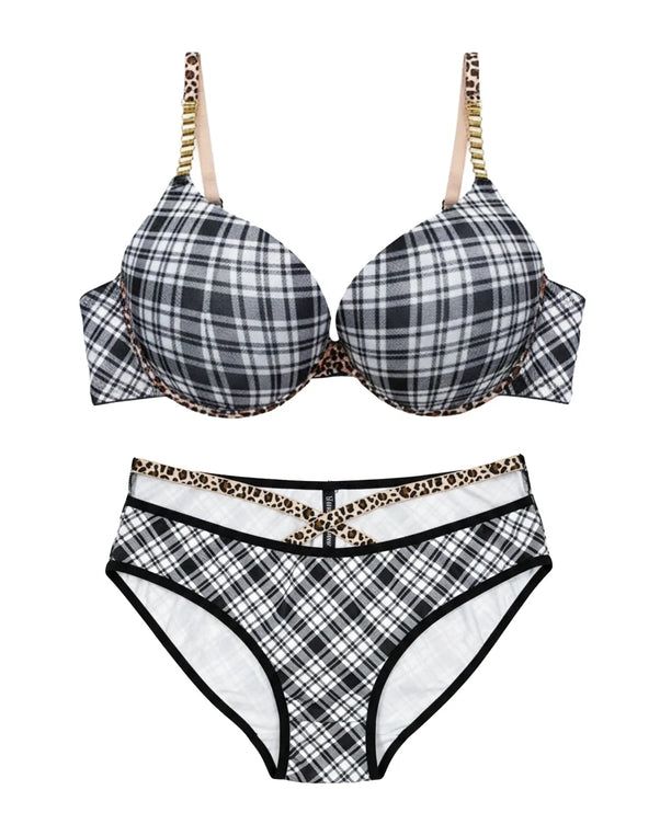 Sajiero Padded Bra Set - Checked Strap - Grey