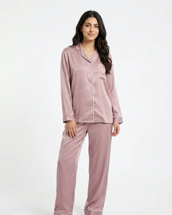 Sajiero Satin Silk Pajama Suit - Noir - Pink