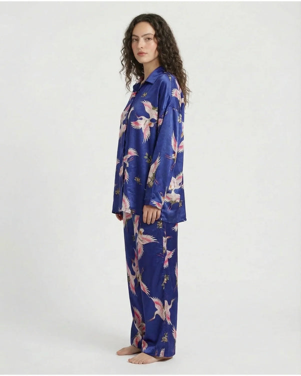 Sajiero Oversized Silk Pajama Suit - Flamingo - Blue