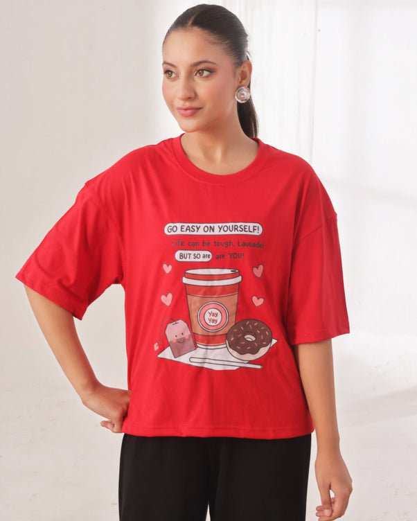 Sajiero Drop Shoulder Graphic Tee - Go Easy Red
