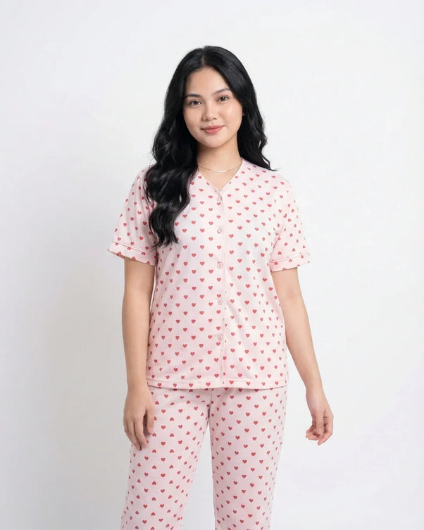 Sajiero Cotton PJ Set - Heart Bliss - Pink