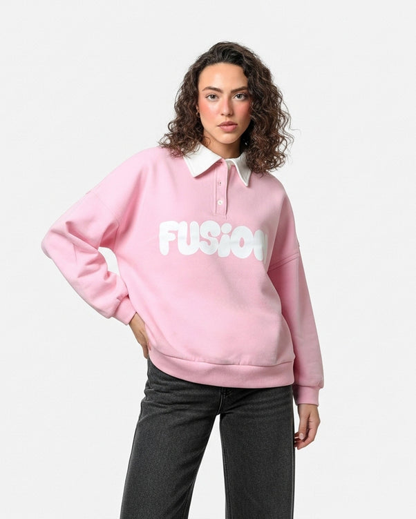 Sajiero Fleece Polo Style Sweatshirt - FUSION - Pink