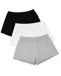 Three pairs of women's underwear shorts in black, white, and gray on a white background.