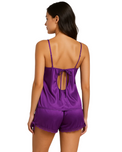 Purple strappy top and shorts set on a white background