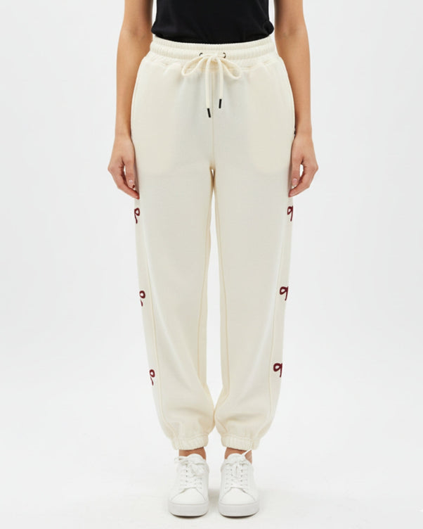 Sajiero Fleece Trouser -Bow Print - Off White