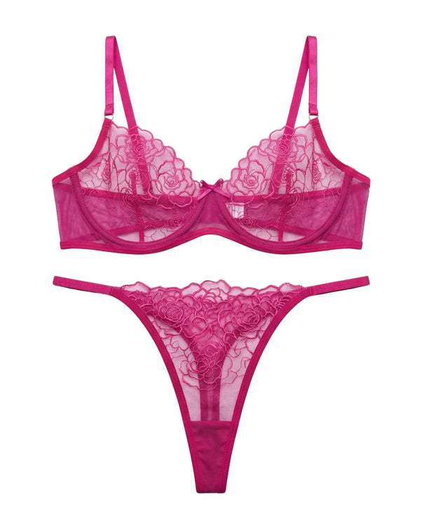Sajiero Non Padded Bra Set - Ivory Bloom - Pink