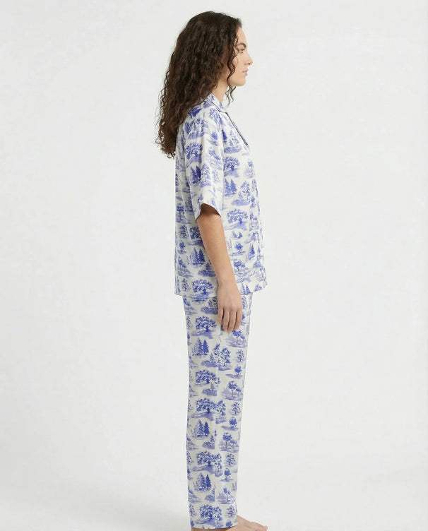 Sajiero Drop Shoulder Silk Pajama Suit - Blue Meadow