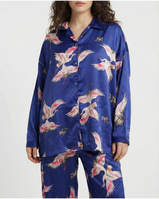 Sajiero Oversized Silk Pajama Suit - Flamingo - Blue