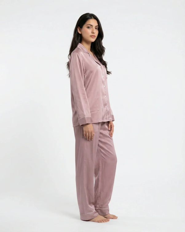 Sajiero Satin Silk Pajama Suit - Noir - Pink
