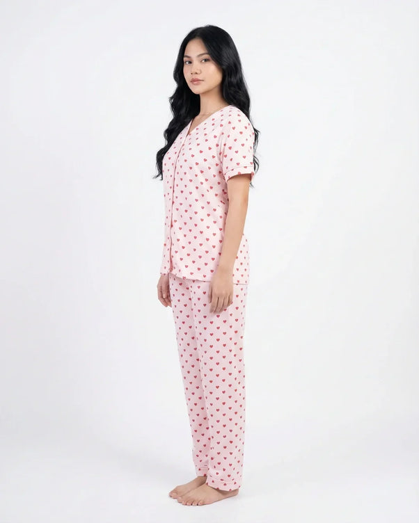 Sajiero Cotton PJ Set - Heart Bliss - Pink