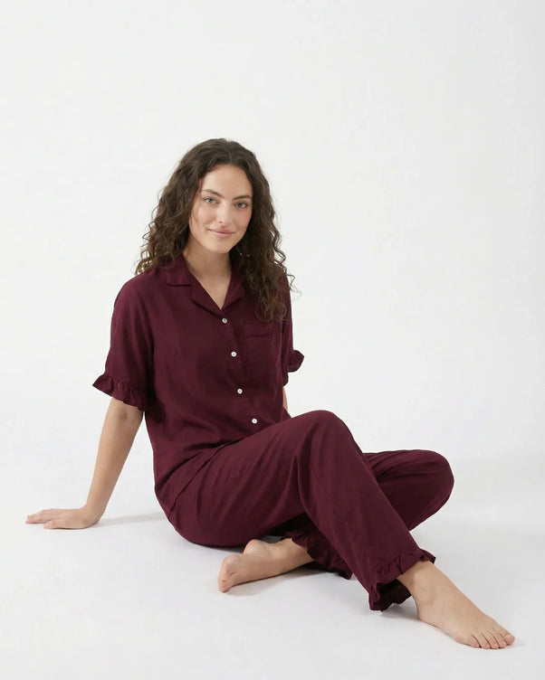 Sajiero Half Sleeves PJ Set - Linen Comfort - Maroon