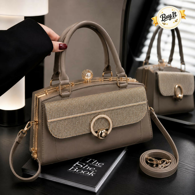 Chic Rhinestone Flap Medium Frame Handbag for Women & Girls - PU Leather Shoulder Bag with Top Clasp