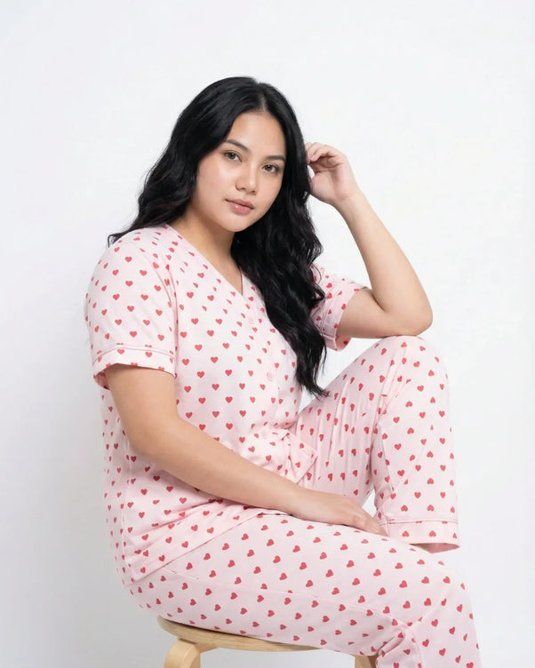 Sajiero Cotton PJ Set - Heart Bliss - Pink