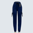 A pair of brown Sajiero trousers made of polyester and spandex, displayed flat on a surface.