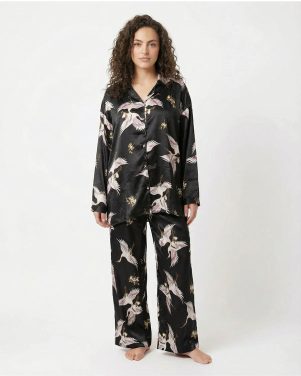 Sajiero Oversized Silk Pajama Suit - Flamingo - Black