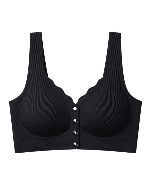 Sajiero Seamless Front-Button Bra - Roselle Ribbed - Black