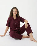 Sajiero Half Sleeves PJ Set - Linen Comfort - Maroon