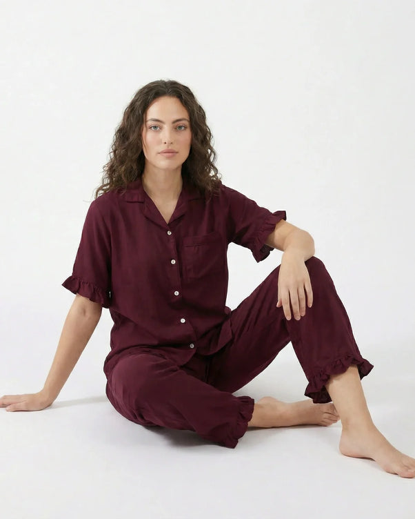 Sajiero Half Sleeves PJ Set - Linen Comfort - Maroon