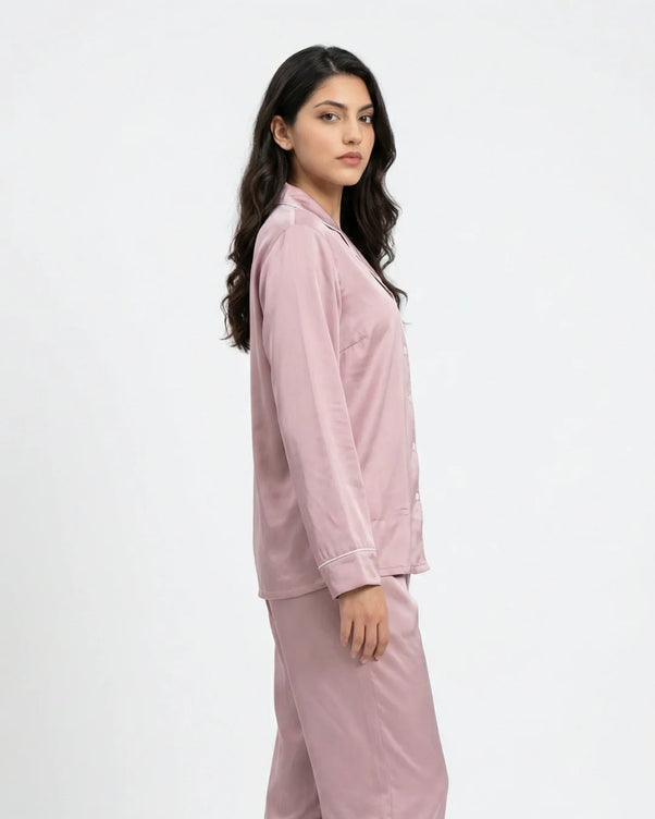 Sajiero Satin Silk Pajama Suit - Noir - Pink