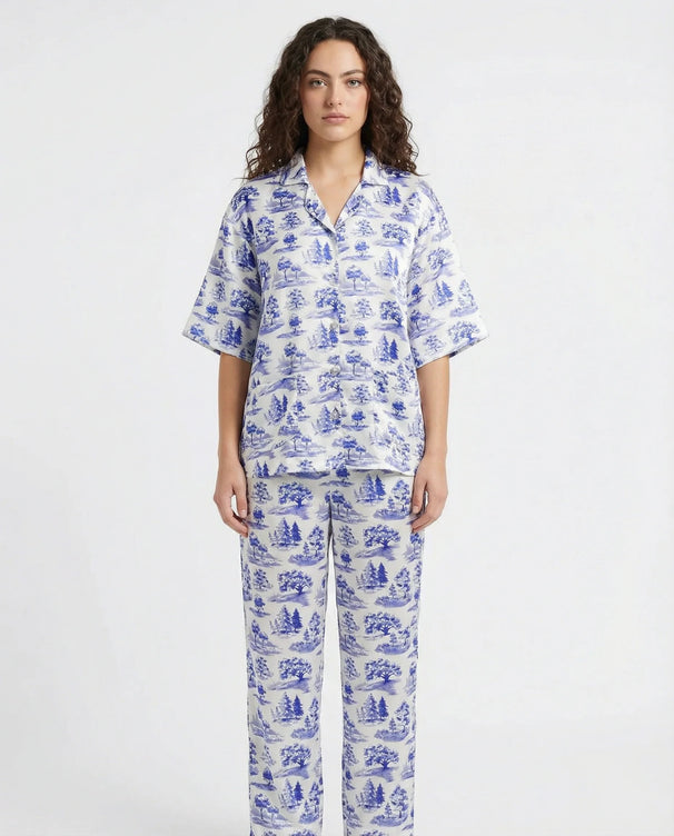 Sajiero Drop Shoulder Silk Pajama Suit - Blue Meadow