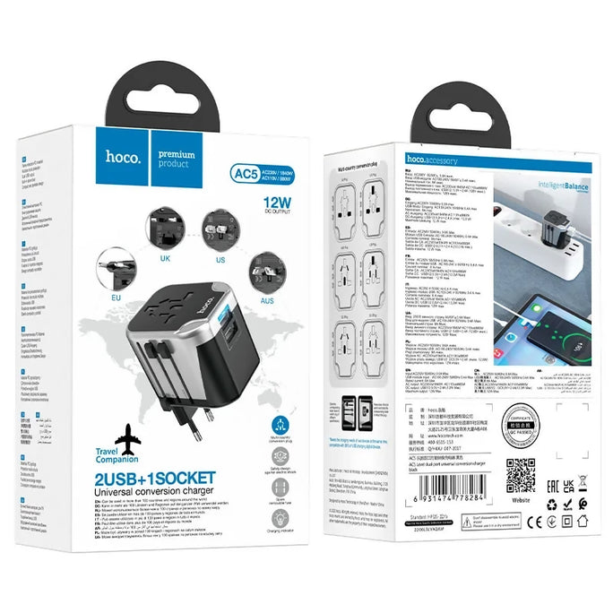 HOCO AC5 Level Universal Conversion Travel Adapter Dual USB