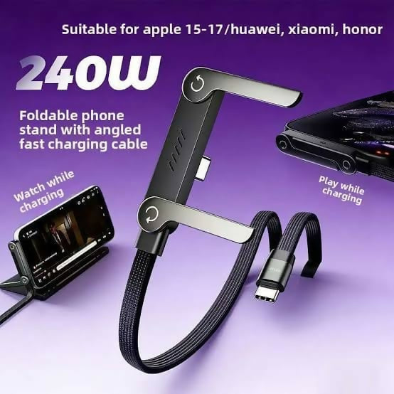ORIGINAL USA 2-in-1 USB-C to USB-C Fast Charging Cable 240W with Built-in Foldable Mobile Phone Stand | 1.5M Heavy Duty Nylon Braided Data Cord | 90 Degree Angled Gaming Cable Holder for iPhone 15/16/17, Samsung, Huawei, Xiaomi