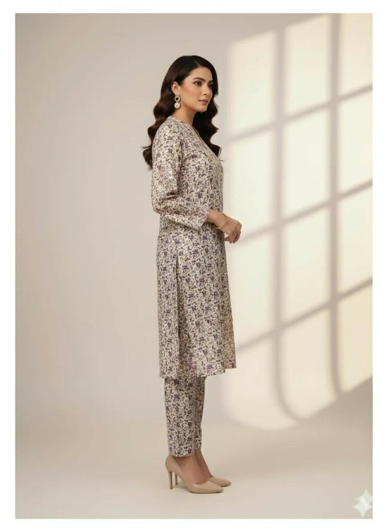 2-Pcs Katan Silk Unstitched Full Allover Shirt With Fully Allover Trouser For Women