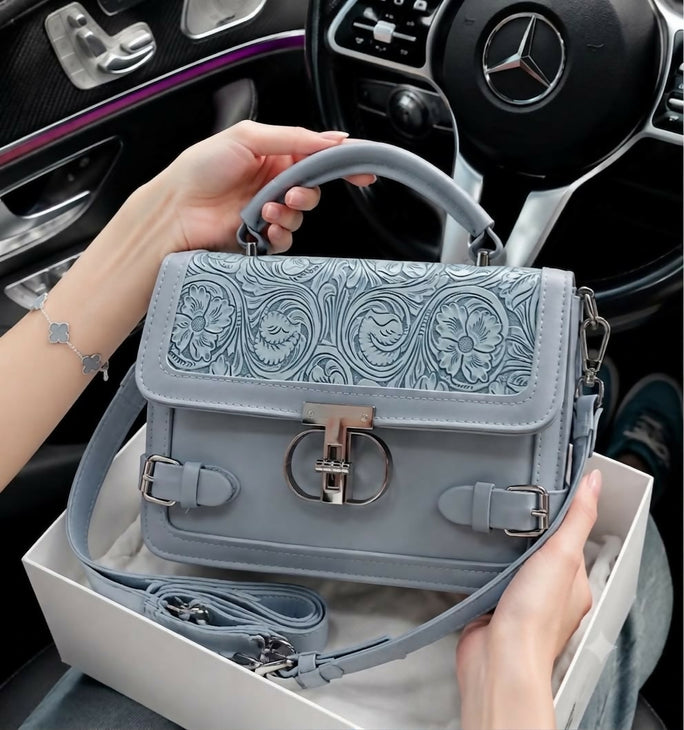 Trendy Leather Crossbody Shoulder Handbag for Women - Classic Lock Accent Top Handle Purse