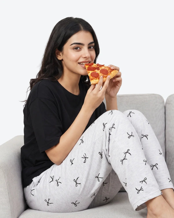 Sajiero Cotton PJ Set - Bow Bliss - Black