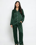 Sajiero Satin Silk Pajama Suit - Noir - Dark Green
