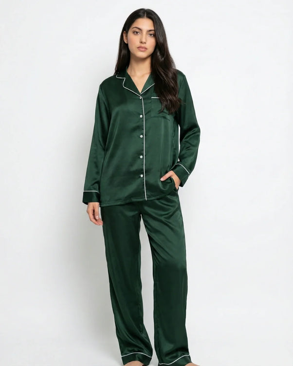 Sajiero Satin Silk Pajama Suit - Noir - Dark Green