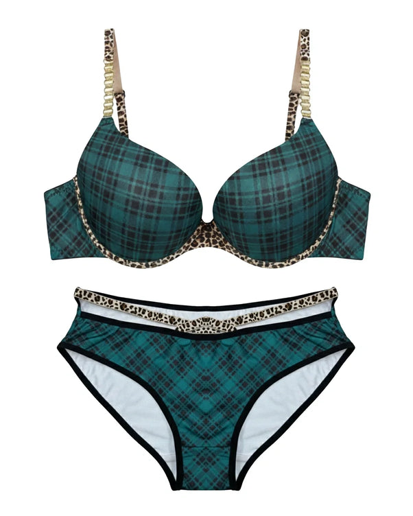Sajiero Padded Bra Set - Checked Strap - Green