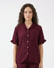 Sajiero Half Sleeves PJ Set - Linen Comfort - Maroon