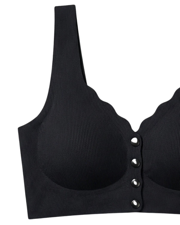Sajiero Seamless Front-Button Bra - Roselle Ribbed - Black
