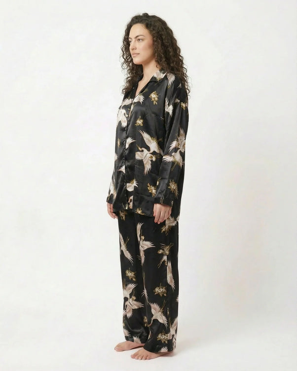 Sajiero Oversized Silk Pajama Suit - Flamingo - Black
