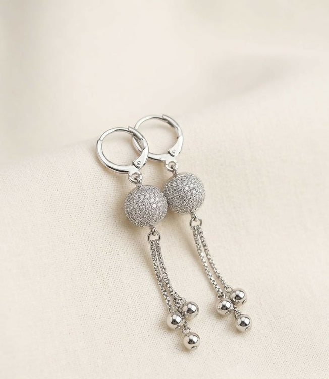 Elegant Silver Crystal Sphere Tassel Earrings for Women - Sparkly Ball Dangle Earrings with Huggie Hoop Clasp