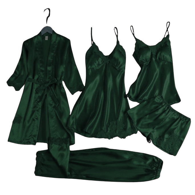 Set of green satin loungewear including a robe, nightgown, and pants on hangers against a white background.