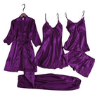 Purple satin loungewear set including a robe, nightgown, and pants on a white background.
